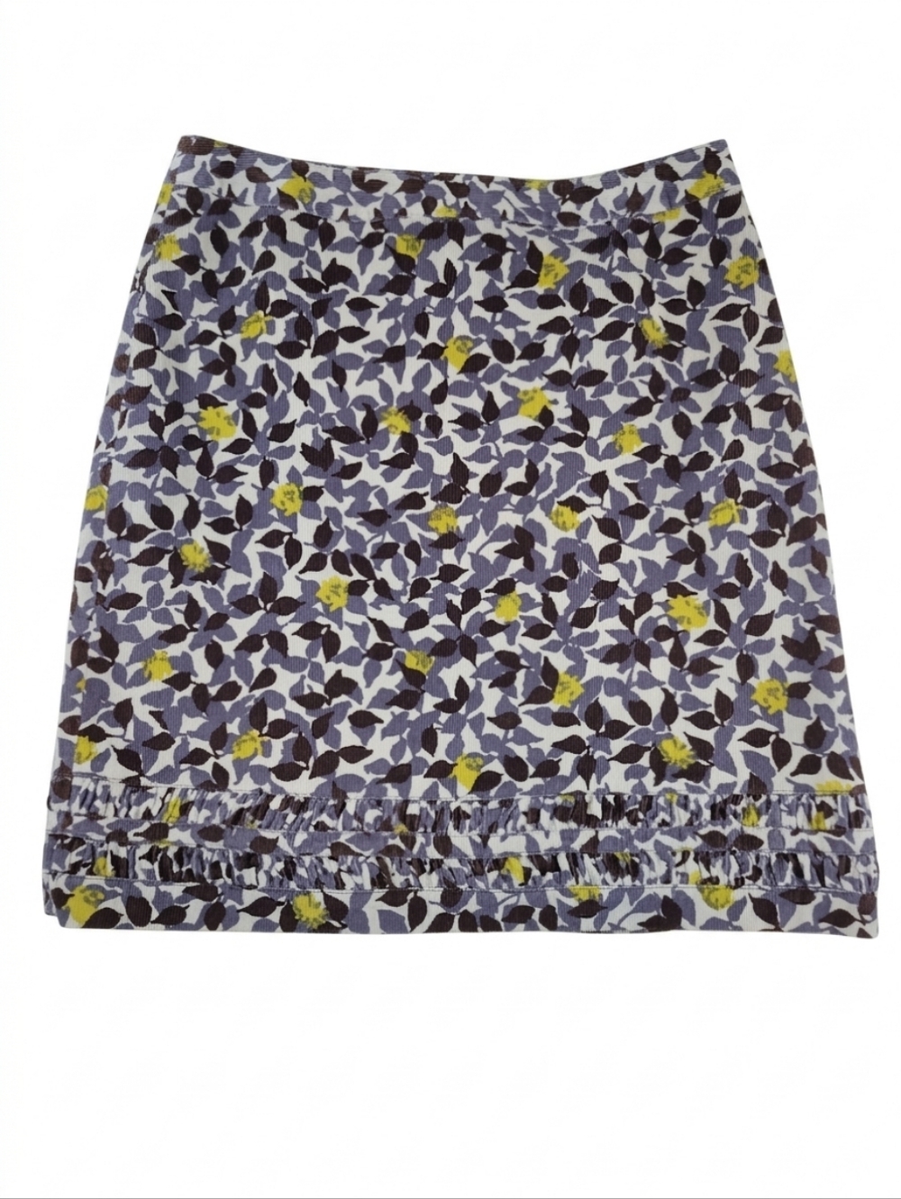 Boden Corduroy Fancy Hem Skirt 10L Gray Yellow Floral Ruffle Twee Cottagecore